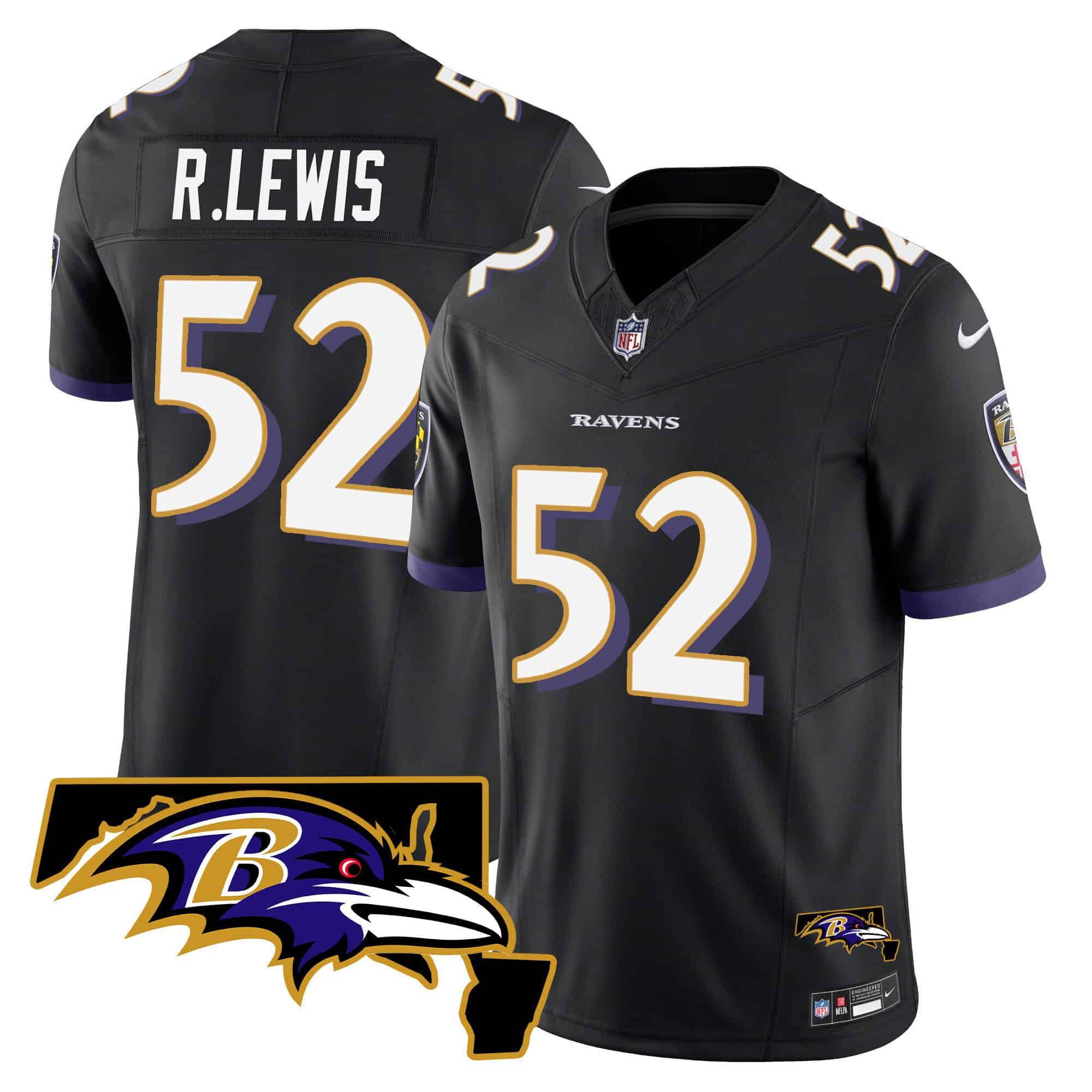 Men Baltimore Ravens 52 R.Lewis Black 2024 Nike Maryland Patch Vapor Limited NFL Jersey style 1